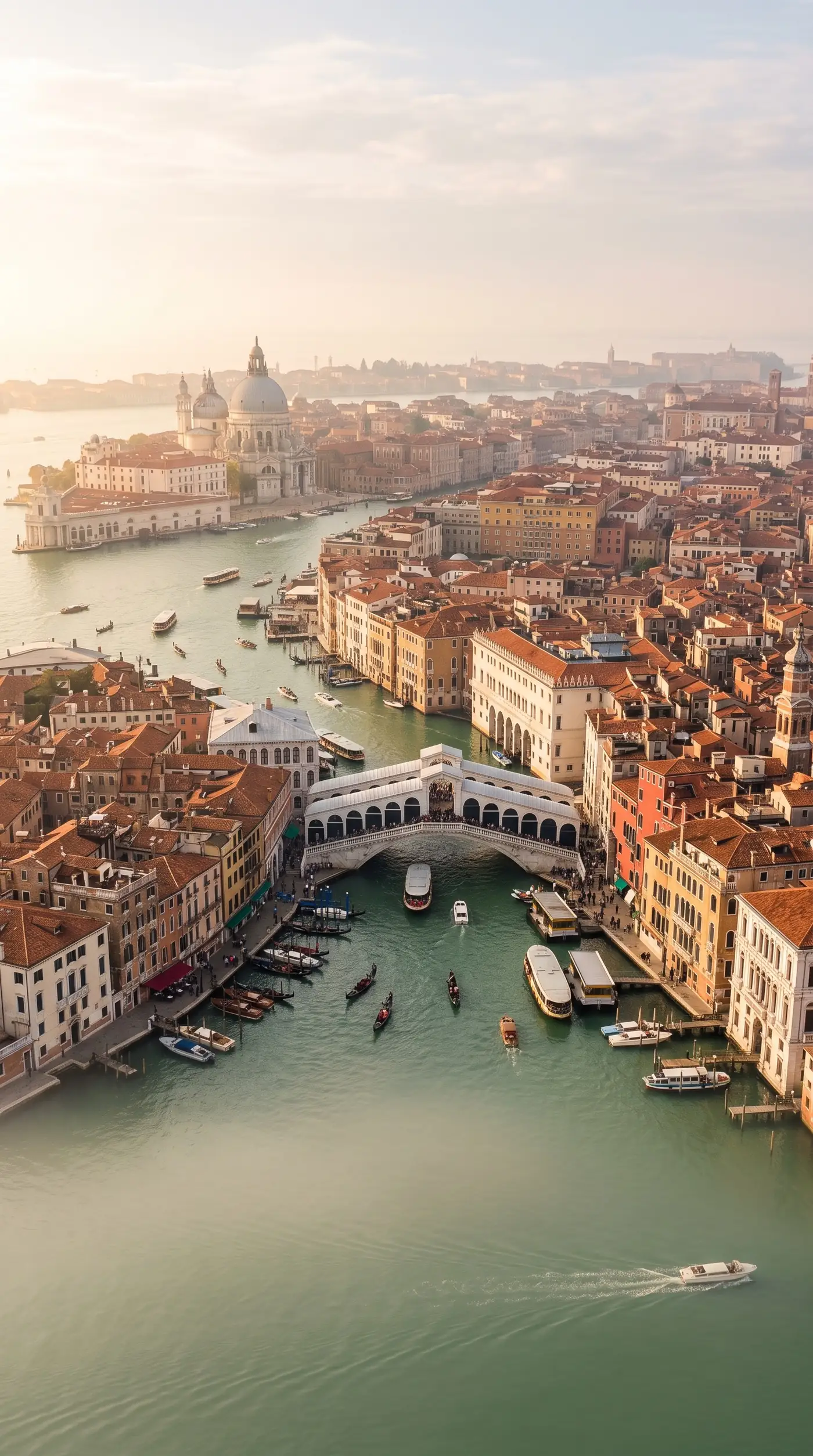 Aerial view of the Grand Canal and the Rialto Bridge in Venice at golden hour